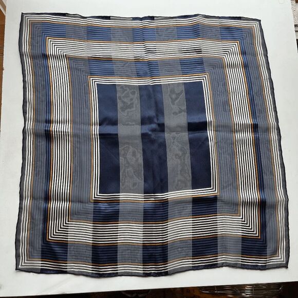 Vintage 1970s Sheer Striped Square Scarf in Blue & Gold Geometric Print 20x20 - Picture 6 of 9